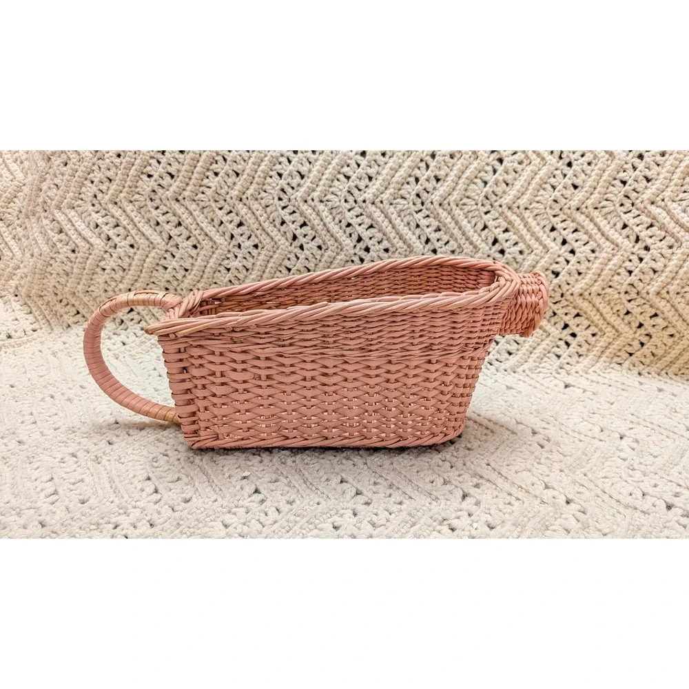 Vintage Pink Wicker Yarn Basket Scoop Shape Woven Storage with Handle